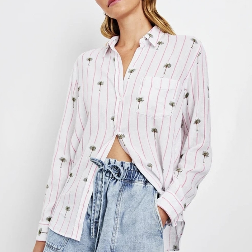 Rails Charli L/S Button Down Linen Shirt In Pink Palm Tree Stripe Size Small EUC - Picture 4 of 10
